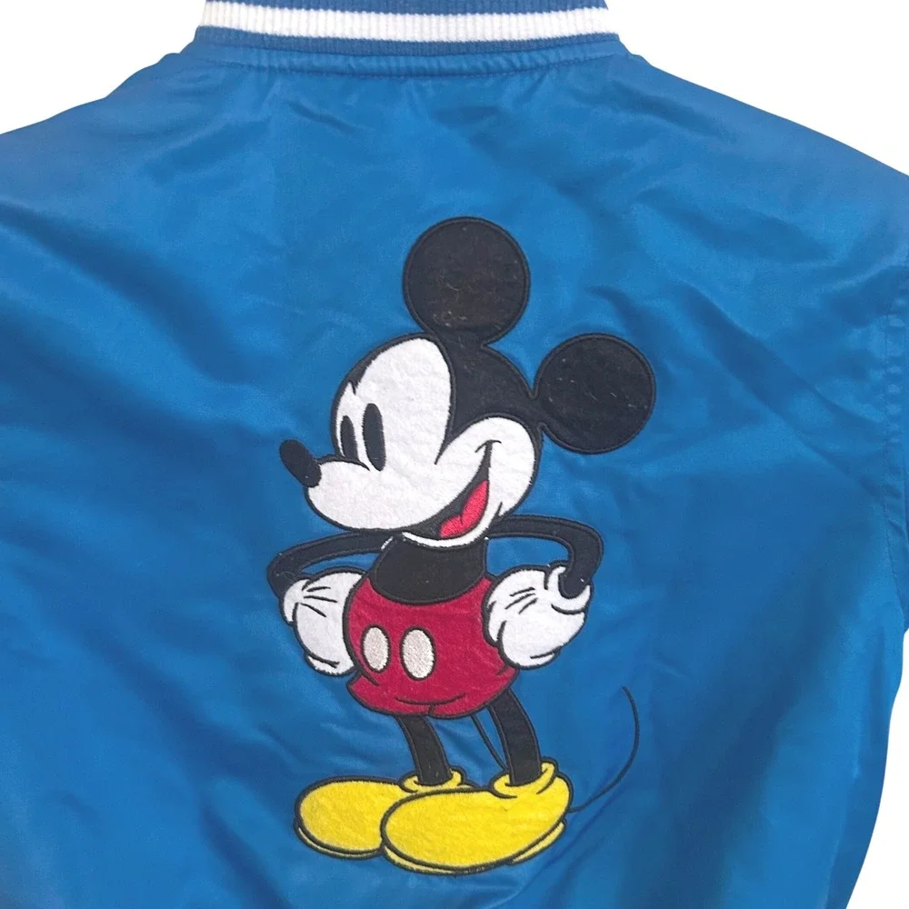 Retro Blue Mickey Mouse Bomber Jacket Racing‎ Stripes Patch Zip Up Kids Size 4T
